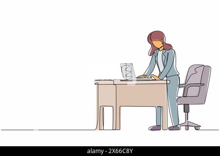 Employé de femme dessinant une ligne continue unique travaillant au poste de travail ergonomique. Mobilier de bureau avec ordinateur et ordinateur portable. Femelle debout sur pied RES Illustration de Vecteur