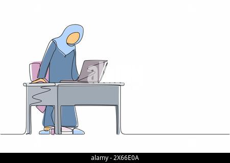 Simple une ligne dessinant frustrée et furieuse femme d'affaires arabe criant et criant ordinateur portable à écran sur son bureau de travail. Mauvaises émotions de l'espace de travail. Illustration de Vecteur