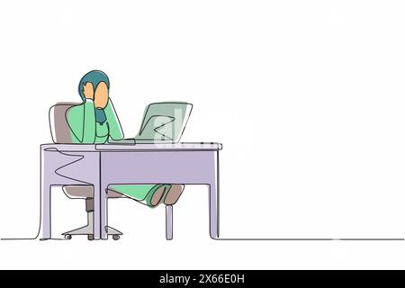 Ligne continue unique dessinant une femme fatiguée employée de bureau. Femme arabe travailler à l'ordinateur portable se sentant mal. Tenez sa tête. Mal de tête malade, épuisé, stressé Illustration de Vecteur