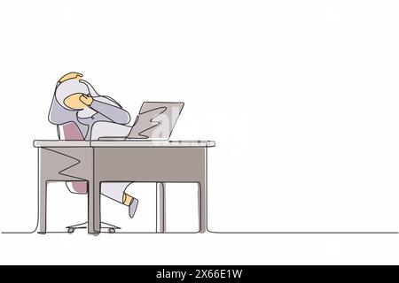 Un dessin continu d'une ligne effrayé directeur de femme arabe regardant l'écran de l'ordinateur portable. Fille choquée regardant la vidéo sur son ordinateur portable à ho Illustration de Vecteur