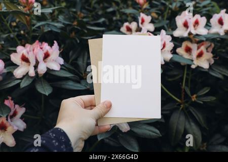 Main de femme tenant le message de voeux blanc vertical, carte d'invitation. Arbustes rhododendrons à fleurs roses. Jardin, parc. Mariage printanier Moody, anniversaire Banque D'Images