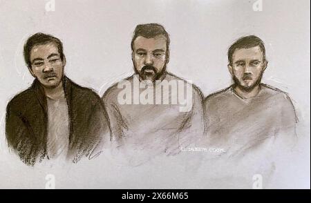 Croquis d'Elizabeth Cook de (de gauche à droite) Chung Biu Yuen, Chi Leung Wai et Matthew Trickett comparaissant au tribunal de première instance de Westminster, dans le centre de Londres, accusé en vertu de la loi sur la sécurité nationale d'aider un service de renseignement étranger, en violation de l'article 3(1) et (9) de la loi sur la sécurité nationale de 2023. Ils ont également été accusés d'ingérence étrangère, en violation des paragraphes 2 et 7 de l'article 13 de la loi de 2023 sur la sécurité nationale. Les accusations portées contre eux allèguent qu'entre le 20 décembre 2023 et le 2 mai 2024, Yuen, Wai et Trickett ont accepté de procéder à la collecte d'informations, surv Banque D'Images