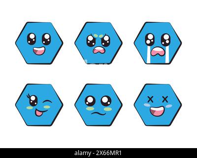 forme hexagonale de couleur bleue avec expression sourire en colère pleurs clin d'œil tristesse et sentiment de rire Illustration de Vecteur