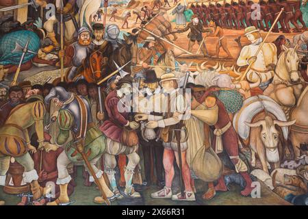 Corridor Fresco, 'arrivée de Hernan Cortes à Veracruz', par Diego Rivera, 1951, Palacio Nacional de Mexico, Mexico, Mexique Banque D'Images