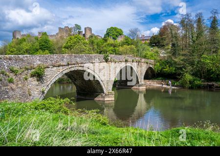 Le château de Ludlow surplombe Dinham Bridge et la rivière Teme, dans le Shropshire. À Ludlow, Shropshire, Angleterre. Banque D'Images