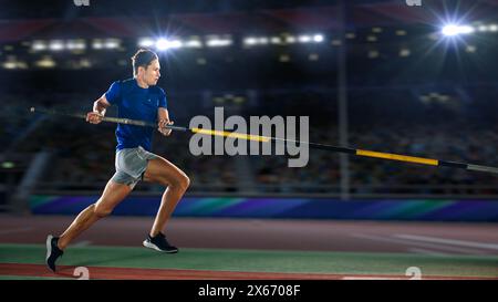 Pole Vault Jumping : athlète professionnel masculin en championnat du monde en cours de course avec Pole to Jump Over Bar. Plan de compétition sur Big Stadium avec Sports Achievement Experience Banque D'Images