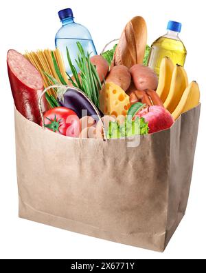 Sac à provisions en papier plein avec des légumes biologiques frais, des fruits et d'autres produits d'épicerie sur fond blanc. Le fichier contient un chemin de détourage. Banque D'Images