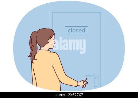 Une femme indécise tire de la main à la porte avec inscription supports fermés avec dos à l'écran. La fille est découragée et ne sait pas quoi faire après que le magasin est fermé en raison de la faillite Illustration de Vecteur