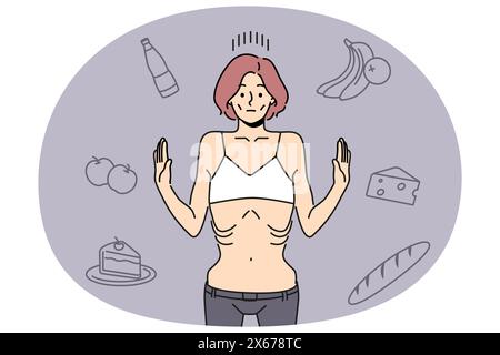 La femme moulante refuse de manger souffrent d'anorexie. Mauvaise santé fille mince lutte avec perte anormale de poids. Problèmes de santé. Illustration vectorielle. Illustration de Vecteur