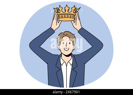 Une femme d'affaires souriante met la couronne dorée sur la tête. Joyeux couronnement de l'employé masculin. La royauté et le leadership. Illustration vectorielle. Illustration de Vecteur