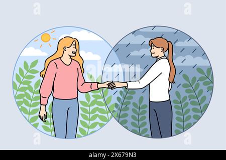 Femme aide l'ami à se débarrasser de la dépression en étendant la main à la fille debout sous la pluie et invitant à l'endroit ensoleillé. Aide et entraide entre les personnes manifestées par l'empathie et la complaisance Illustration de Vecteur