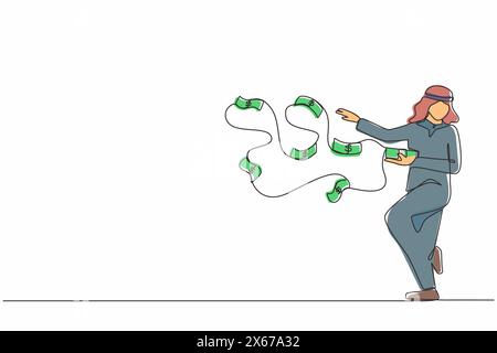 Simple dessin d'une ligne heureux homme d'affaires arabe millionnaire jeter pile de billets de banque d'argent volant dans l'air. Succès et fortune riche entrep Illustration de Vecteur