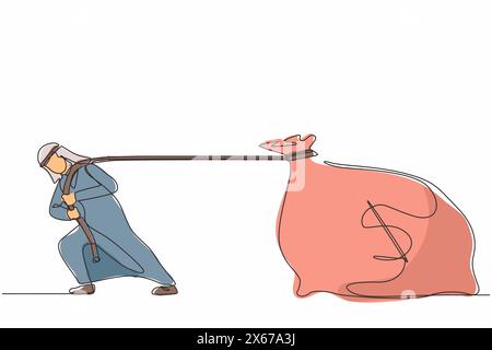 Simple ligne continue dessinant homme d'affaires arabe tirant grand sac d'argent. Métaphore des affaires. Concept de concurrence d'entreprise ou de défi commercial Illustration de Vecteur