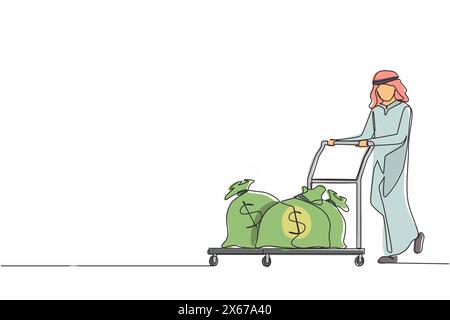 Continue d'une ligne dessinant le chariot d'homme d'affaires arabe poussant avec des sacs d'argent. Concept de récompense ou de profit. Homme employé avec salaire. L'investisseur porte de l'argent Illustration de Vecteur