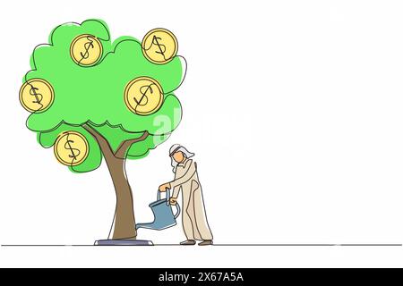 Ligne continue unique dessinant l'investissement d'affaires arabe avec l'illustration de l'arbre d'argent. Homme arrosant arbre avec des symboles dollar de pièces. Développement commercial Illustration de Vecteur