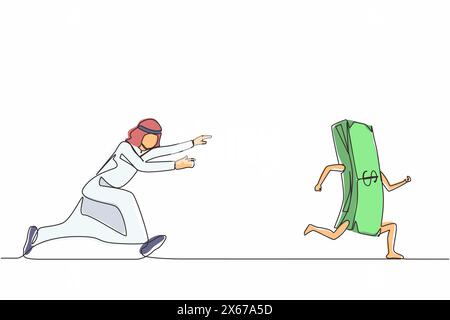 Continu d'une ligne dessinant homme d'affaires arabe ou gestionnaire courir et chasser après l'argent fui. Concept d'obsession d'argent, impatient, avide. Si Illustration de Vecteur