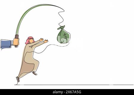 Simple main de dessin d'une ligne avec canne à pêche et sac d'argent contrôle gourmand homme d'affaires arabe sous hypnose. Homme courant après avoir suspendu le sac d'argent, Illustration de Vecteur