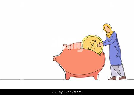 Continue d'une ligne dessinant une femme d'affaires arabe mettant la pièce de monnaie d'un dollar dans la tirelire. Épargne, investissement personnel, financement, financement, dépôt bancaire Illustration de Vecteur