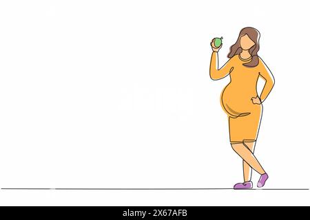 Ligne continue unique dessinant heureuse belle femme enceinte tenant une pomme verte. Concept de grossesse et de maternité manger des fruits frais sains. O Illustration de Vecteur