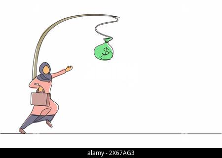 Une seule ligne continue dessinant une femme d'affaires arabe oublieuse chassant le sac d'argent. Illustration d'illustration représente la folie, la stupidité, l'inconscience, Illustration de Vecteur