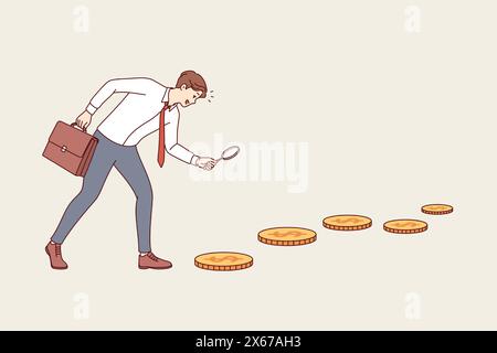 Homme d'affaires à la recherche d'opportunités d'investissement, suivant la piste des pièces d'or et tenant la loupe dans les mains. L'investisseur veut atteindre l'objectif d'investissement et le potentiel de croissance financière Illustration de Vecteur