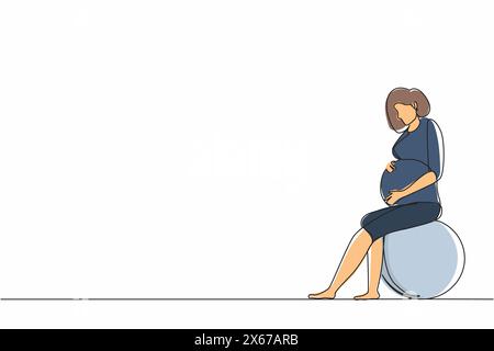 Ligne continue unique dessinant la femme enceinte est assise sur fitball. Entraînement sportif pour les femmes. Mode de vie sain. Fille de fitness enceinte. Fitness pour Pregnan Illustration de Vecteur