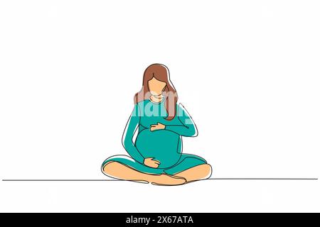 Une ligne continue dessinant une jeune femme enceinte heureuse assise avec les jambes croisées à la maison et regardant son ventre. Future maman attendant bébé caressant Illustration de Vecteur