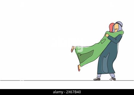 Simple une ligne dessinant un couple arabe heureux embrassant et encerclant leurs amants avec des bras. Femme mignonne sautant dans l'étreinte de l'homme. Relation, amour, d Illustration de Vecteur