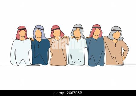 Un seul groupe de dessin d'une ligne d'hommes arabes s'étreignent. Mâle ensemble. Bonne journée de l'amitié avec divers amis de gens serrés ensemble. Continue Illustration de Vecteur