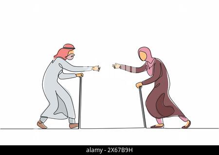 Simple une ligne dessinant femme senior courant dans les câlins à l'homme. Les personnes âgées courent les unes vers les autres. Heureux grand-père arabe et grand-mère se réunissant au loin Illustration de Vecteur