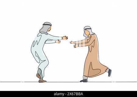 Une seule ligne continue dessinant deux joyeux gars arabes courent pour se rencontrer. Mâles qui s'embrassent et rient. Rencontre d'amis. Rencontre de l'amitié masculine. Illustration de Vecteur