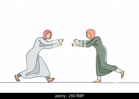 Continue d'une ligne dessinant des filles arabes heureuses se réunissant après longtemps, courir les unes vers les autres, s'amuser. Joyeuse femme accueillant ami avec joie et Illustration de Vecteur