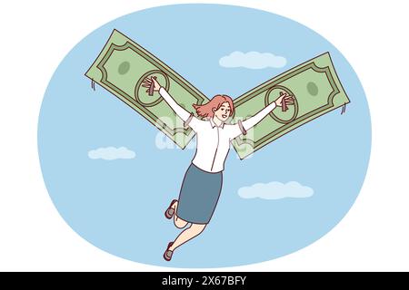 Une femme heureuse vole dans le ciel parmi les nuages en utilisant des billets de banque au lieu d'ailes. Concept de liberté financière et d'indépendance obtenu par la réception de leurs propres revenus Illustration de Vecteur