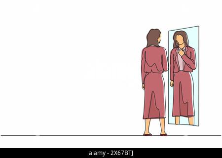 Simple ligne continue dessinant femme d'affaires ajustant blazer devant le miroir. Femme vérifiant son apparence dans le miroir. Manager féminin cherchant le sien Illustration de Vecteur