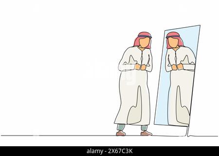 Ligne continue unique dessinant homme d'affaires arabe regardant le miroir, se regarder, ajuster son bouton de vêtements arabes de vêtements formels, préparer himse Illustration de Vecteur