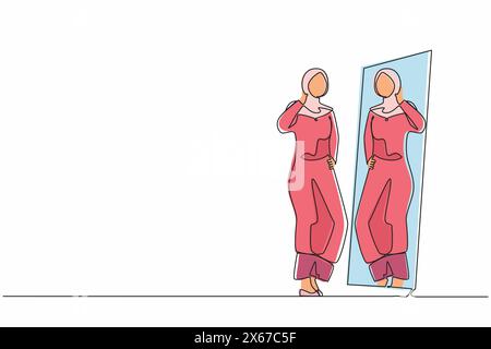 Ligne continue unique dessinant femme d'affaires arabe choisissant le hijab pour la réunion d'affaires. Femme essayant des vêtements à la maison. Fille avec style. Miroir avec f Illustration de Vecteur