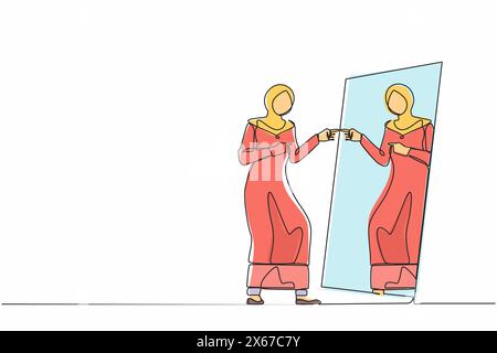 Une seule ligne continue dessinant une femme d'affaires arabe narcissique regarde le miroir. Réflexion personnelle de la femme. Narcissisme et vanité. Regarde égoïsme, narcis Illustration de Vecteur