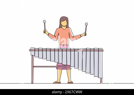 Continu une ligne dessinant femme joueur de percussion jouer marimba. Jeune musicienne jouant un instrument marimba mexicain traditionnel à la fête de la musique Illustration de Vecteur