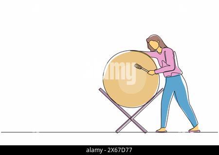 Ligne continue unique dessinant femme heureuse frappant bedug ou tambour traditionnel pour suhoor et iftar Time Ramadan. Personne musulmane appelant d'autres personnes à Illustration de Vecteur