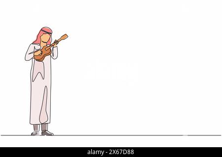 Simple une ligne dessinant un gars arabe jouant sur ukulélé et chantant s'amusant. Musicien masculin tenant une petite guitare et chantant. L'homme joue sur instru musical Illustration de Vecteur