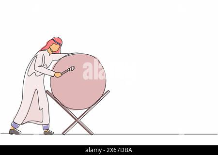 Ligne continue unique dessinant l'homme arabe frappant bedug ou tambour traditionnel pour suhoor et iftar Time Ramadan. Personne musulmane appelant d'autres personnes à pra Illustration de Vecteur