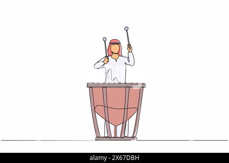 Continu d'une ligne dessinant le joueur de percussion masculin arabe jouer sur timbales. Homme interprète tenant un bâton et jouant un instrument de musique. Instrument de musique Illustration de Vecteur