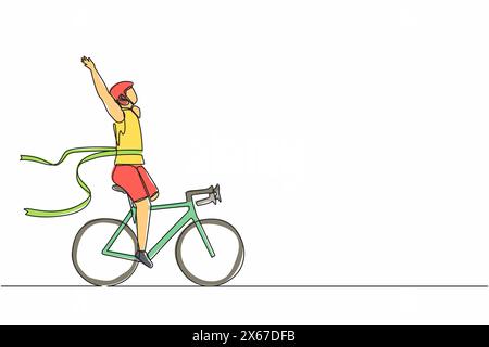 Ligne continue unique dessinant des jeux de handicap masculin handicapé athlète ou sportif chevauchant une bicyclette et traversant la ligne d'arrivée. Vainqueur du disjoncteur à ruban. Gagnez Illustration de Vecteur