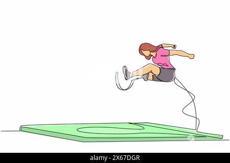 Une seule ligne dessinant une athlète féminine amputée lors d'une compétition de saut en longueur de jambe prothétique à l'athlétisme. Jeux pour handicapés de saut en longueur. Sport handicapé. Conti Illustration de Vecteur