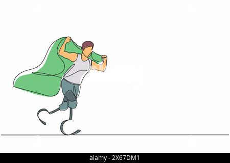 Ligne continue dessinant un athlète handicapé. Sportif avec une jambe prothétique portant un drapeau. Acclamations masculines athlétiques et course avec drapeau rais Illustration de Vecteur