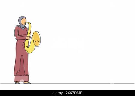 Ligne continue dessinant le saxophoniste arabe. Musicienne de jazz ou de blues, femme joue du saxophone. Interprète féminine dans un festival de musique jazz, groupe de jazz par Illustration de Vecteur