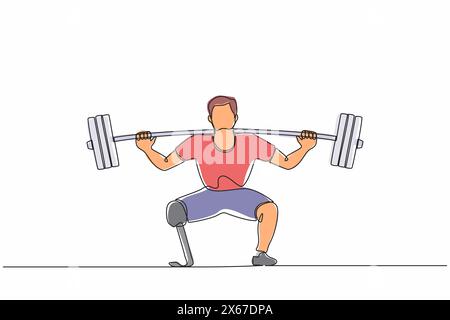 Une seule ligne dessinant un haltérophile pour homme handicapé avec des jambes amputées. Entraînement athlétique d'haltérophilie avec des muscles barbell sport strongman Beautiful b Illustration de Vecteur
