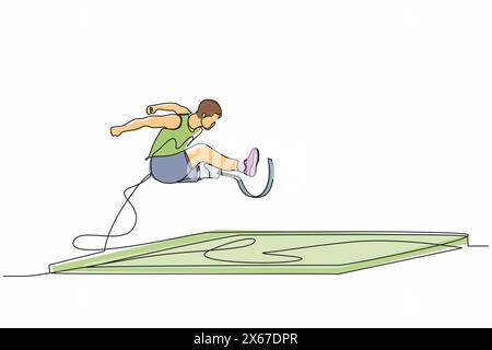 Une seule ligne dessinant un athlète masculin amputé lors d'une compétition de saut en longueur de jambe prothétique à l'athlétisme. Jeux pour handicapés de saut en longueur. Sport handicapé. Continue Illustration de Vecteur