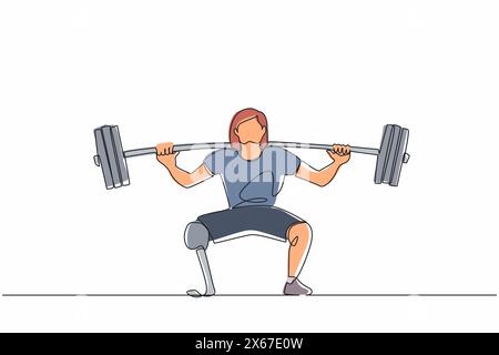 Une seule ligne dessinant un haltérophile femme handicapée avec des jambes amputées. Entraînement d'haltérophilie athlétique avec des muscles de barre sport strongwoman beauti Illustration de Vecteur