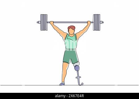 Ligne continue unique dessinant un sportif de bodybuilder handicapé fort soulevant une barre de poids lourd au-dessus de sa tête. Le sport d'haltérophilie pour handicap. O Illustration de Vecteur